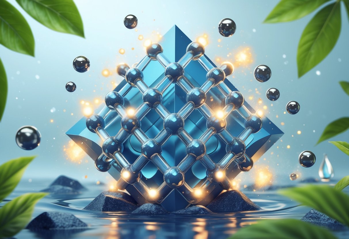 Illustration of a zeolite crystal structure capturing and absorbing heavy metal particles, surrounded by elements symbolizing detoxification and purification.