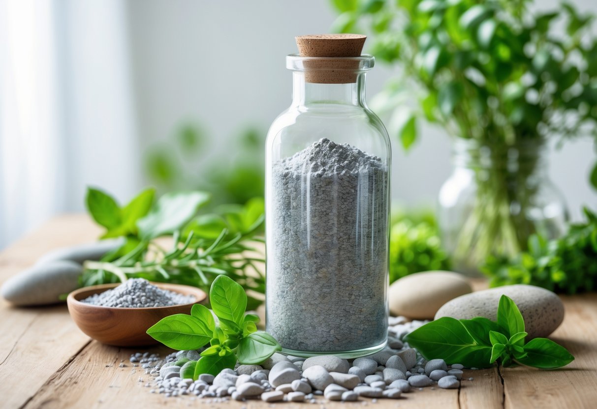 A glass bottle of zeolite powder on a wooden table surrounded by green leaves, stones, and a bowl of water, representing natural detox and cleansing.