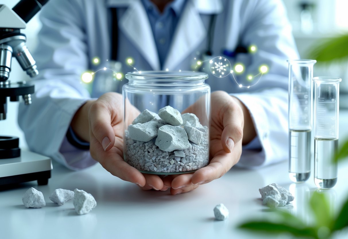 Close-up of hands holding a glass container with natural zeolite crystals in a laboratory setting with scientific instruments in the background.