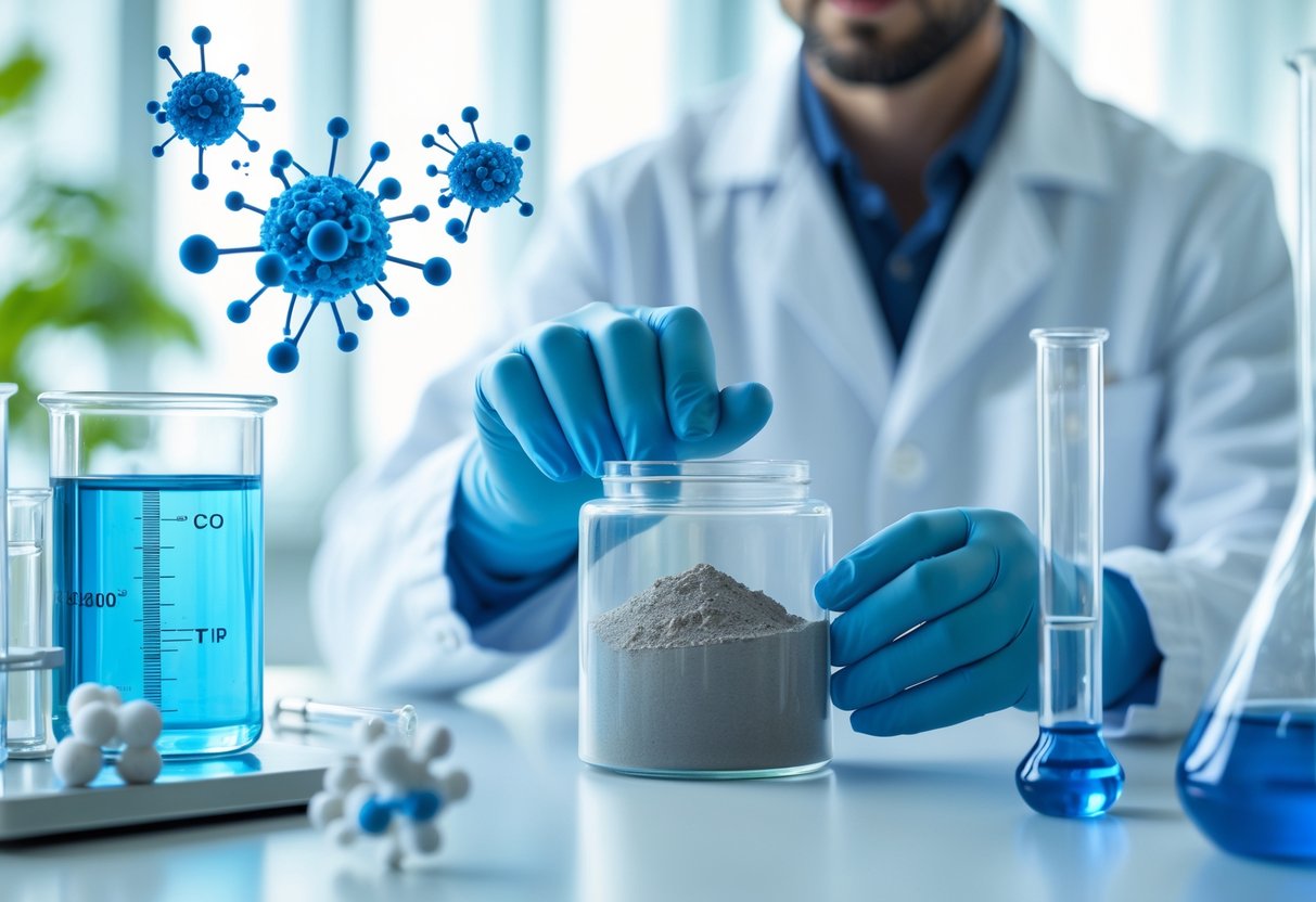 Scientist in a lab coat handling a container of zeolite powder with scientific equipment and molecular models in a bright laboratory.