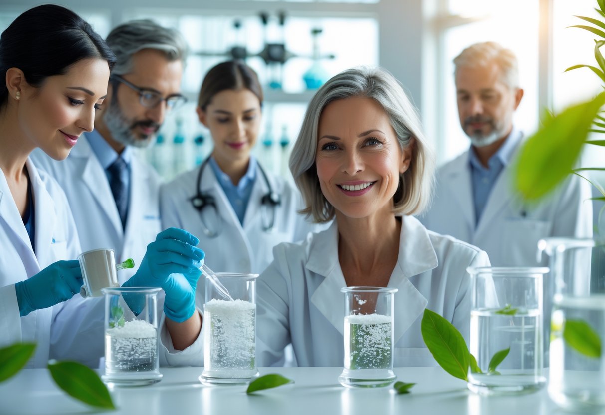 A woman smiling in a bright lab setting with scientists examining crystals, surrounded by symbols of health and detox.