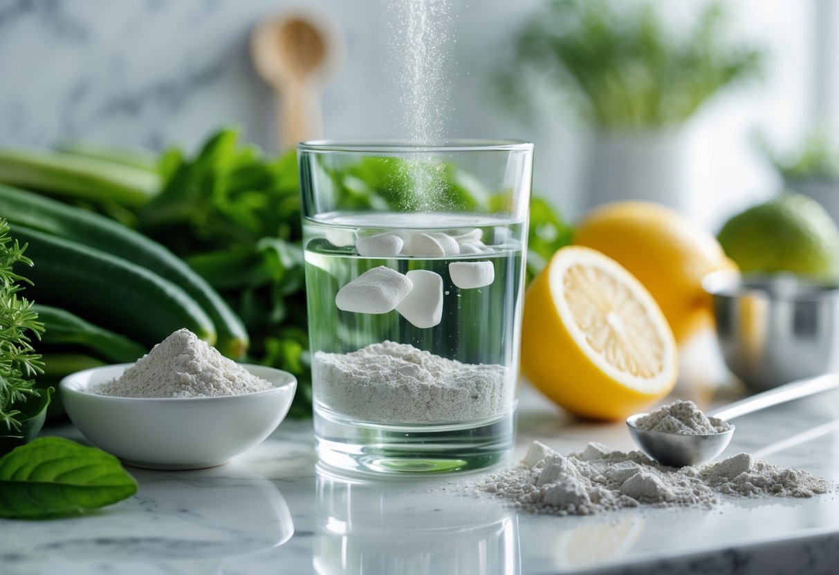 A glass of water with dissolving mineral powder surrounded by fresh greens, citrus fruits, and natural zeolite crystals on a countertop.