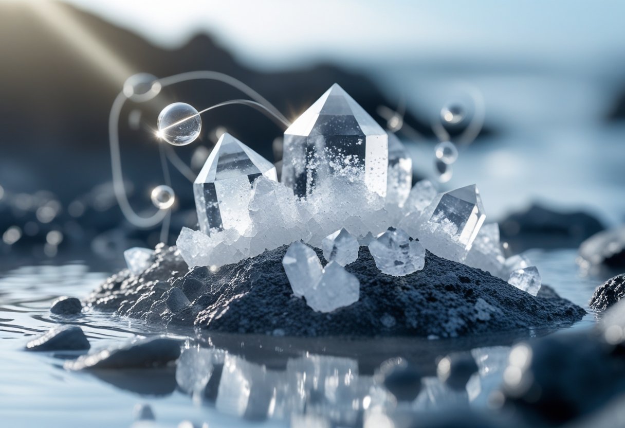 Cluster of clear quartz crystals emerging from wet dark rocks with sunlight reflecting off the facets