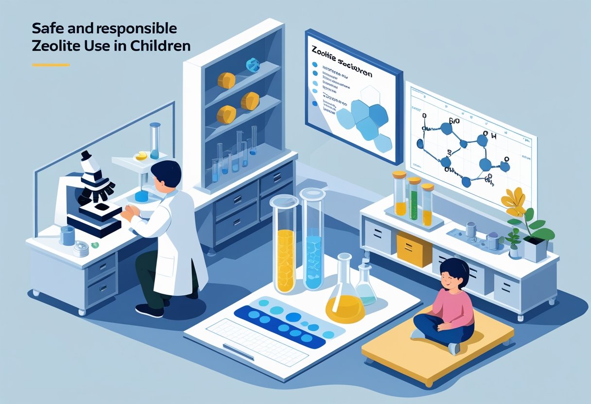 A scientist in a lab carefully handling a sealed container while a child and caregiver observe nearby in a safe environment.