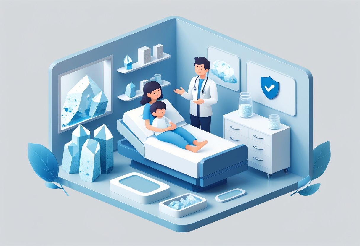 A pediatrician explains zeolite supplements to a parent while a child sits comfortably in a clinic room with mineral crystals nearby, symbolizing safe and responsible use.