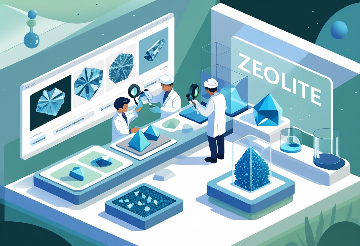 A laboratory scene showing scientists examining zeolite crystals with magnifying equipment and a child-friendly model of zeolite’s porous structure nearby.