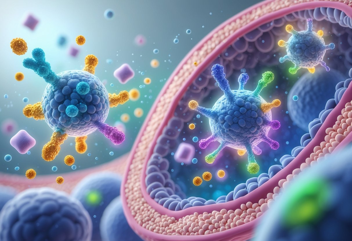 Illustration showing liquid zeolite molecules binding and removing heavy metal ions from human cells and bloodstream.