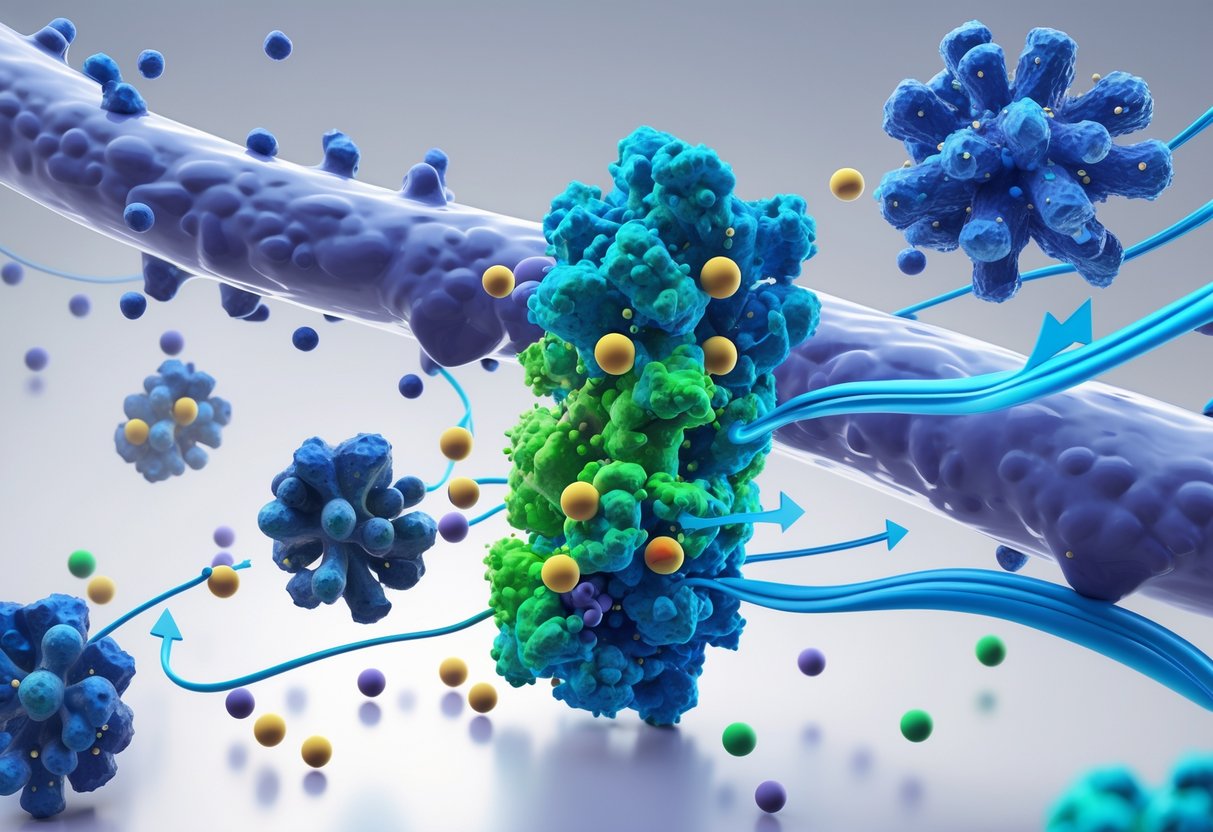 A scientific illustration showing liquid zeolite molecules capturing and trapping heavy metal ions in the human bloodstream.