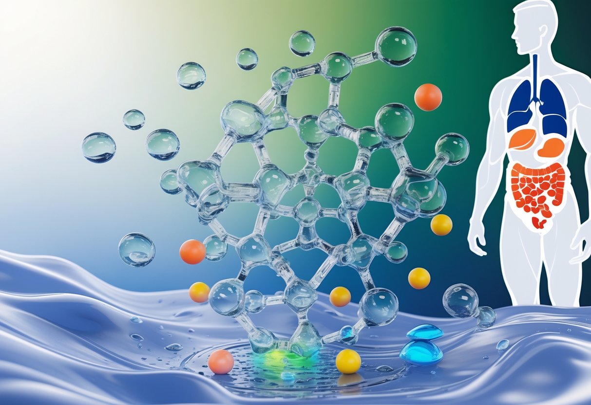 Scientific illustration showing liquid zeolite molecules capturing heavy metal ions near a human silhouette highlighting detoxifying organs.